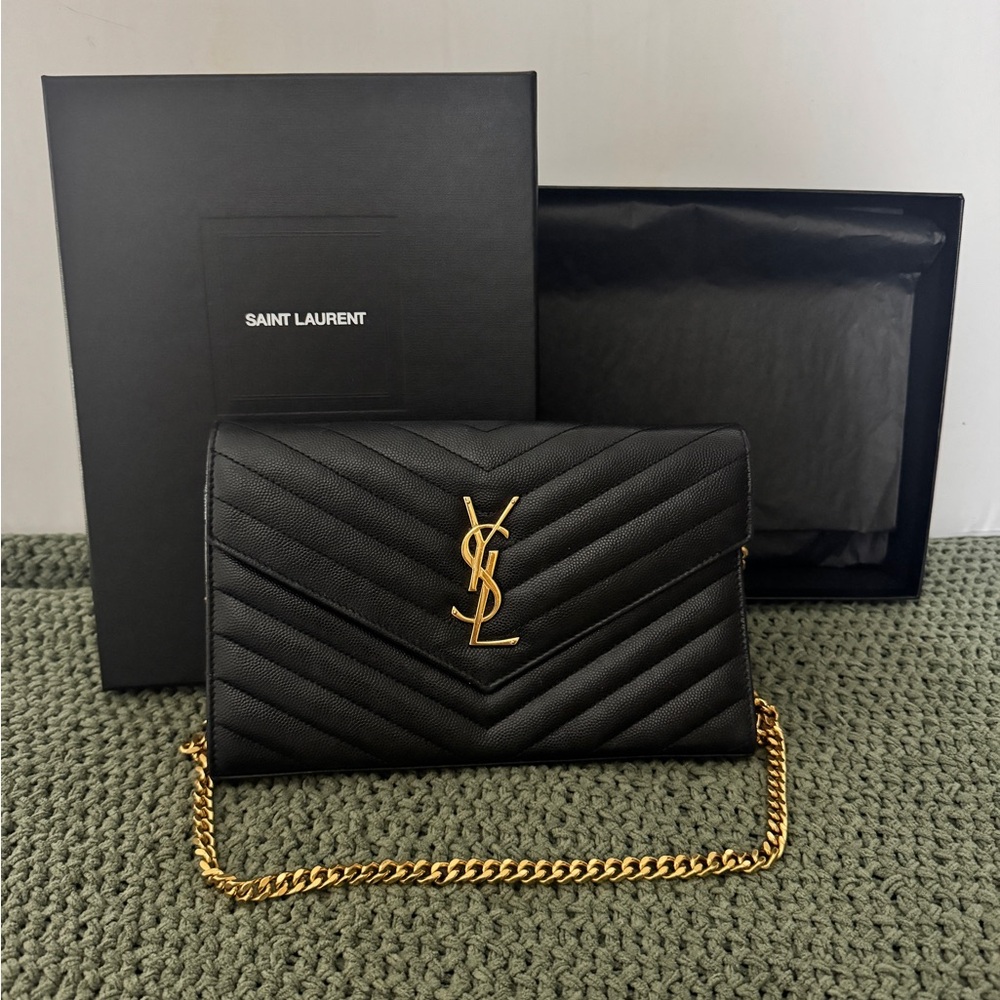 Saint Laurent Black Quilted Clutch with Gold Chain